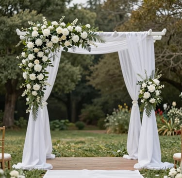 Tropical wedding arch overlooking turquoise ocean and beach.