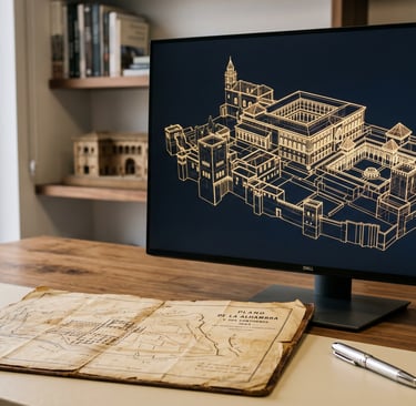 Monitor mostrando modelo 3D de la Alhambra junto a un mapa antiguo.