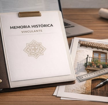 Historical memory binder on a desk with architecture photos and design tools.