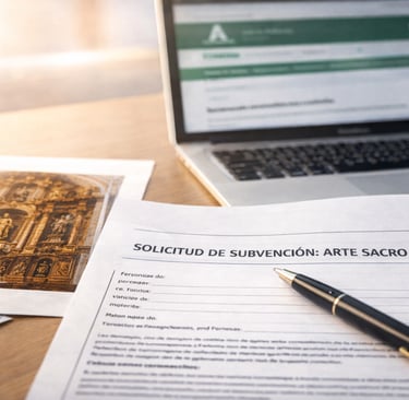 Formulario de solicitud de subvención para Arte Sacro en Andalucía sobre una mesa, con un ordenador 
