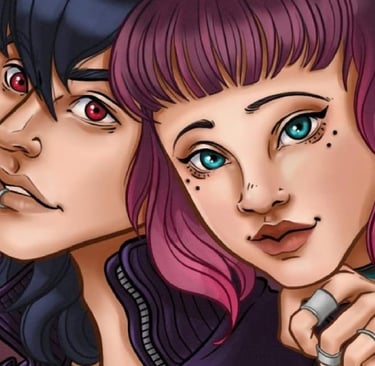 dos jovenes una con cabello violeta y percing y otra cablleo azul