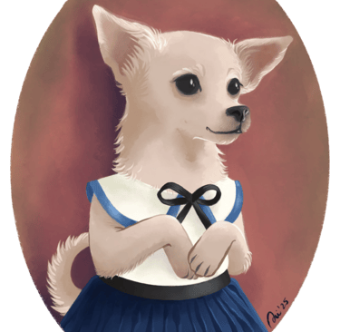 perrita chichuahua beige con uniforme escolar azul y blanco