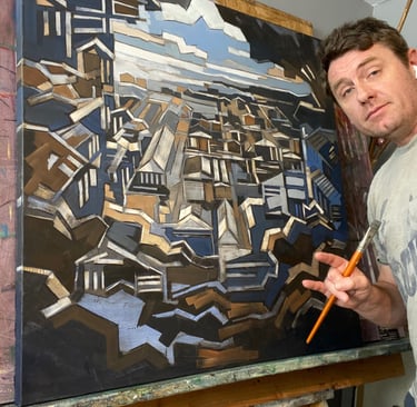 Justin Shaver with large-scale architectural abstract oil painting in Columbus studio