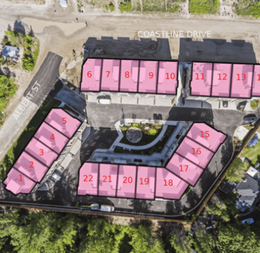 Aerial view of a townhouse development site plan with numbered residential units and nearby roads.