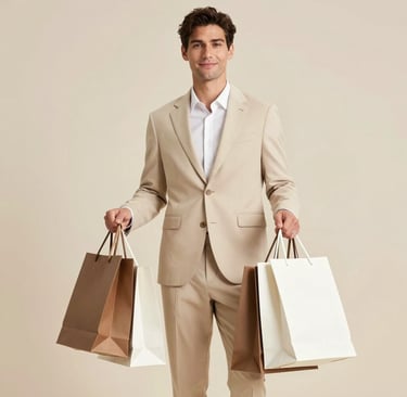 Stylish man in black sweater holding paper shopping bags against a neutral background.
