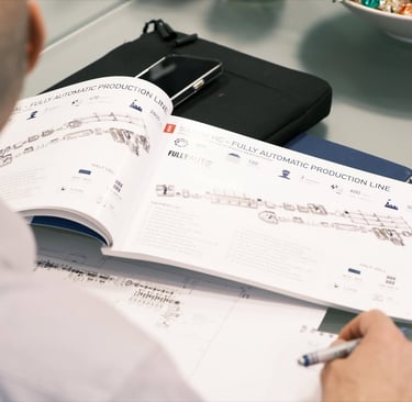Engineer reviewing a manual for a fully automatic production line at a modern manufacturing facility.