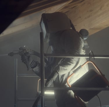 A professional contractor in a protective hazmat suit installing spray foam insulation in a residential attic.