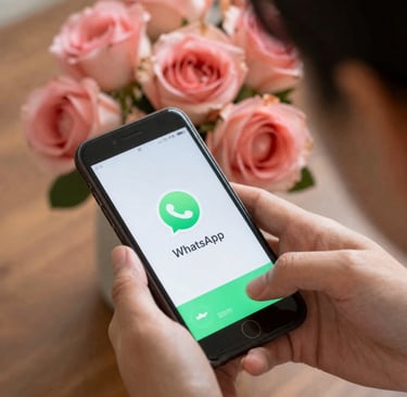 Una persona usando la aplicación móvil WhatsApp en un teléfono inteligente junto a rosas rosadas.