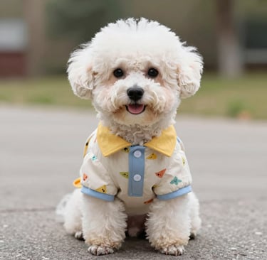 Un cachorro de Bichón Frisé blanco y esponjoso, con una linda camisa polo estampada, sentado al aire