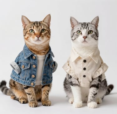 Dos gatos atigrados con ropa para mascotas, que incluye una chaqueta vaquera y una camisa crema