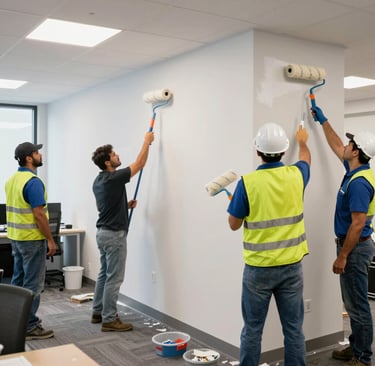 Painter wearing protective gear carefully painting an industrial steel structure with dark blue paint.