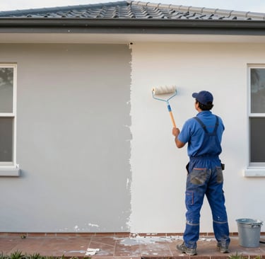Close-up of a painter carefully applying a smooth coat of dark blue paint on an exterior wall.