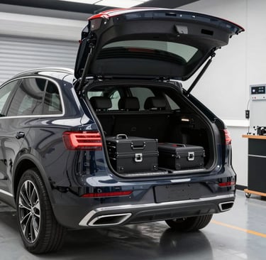 Mobile detailing van parked in front of a modern home with tools and products neatly arranged