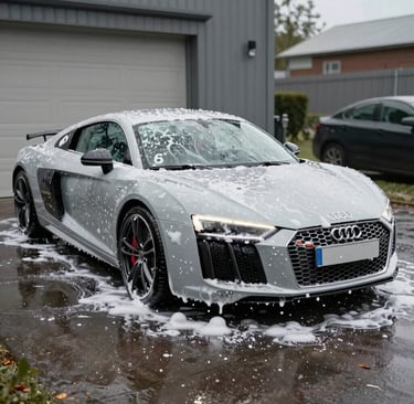 Before and after comparison of a sports car’s paint correction and ceramic coating application