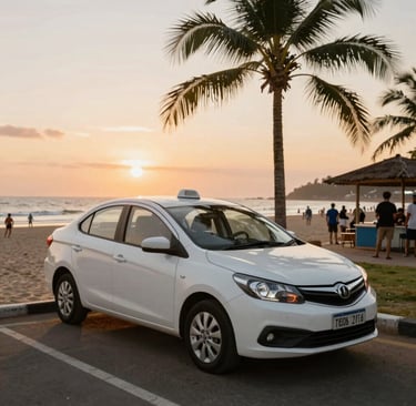 A bright yellow taxi parked by a sunny Goan beach with palm trees swaying in the breeze.