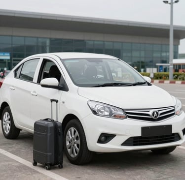 A taxi cruising along the scenic coastal road of South Goa during sunset.