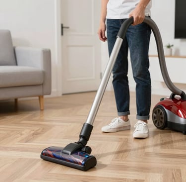 Professional house cleaning service team dusting furniture and vacuuming a living room.