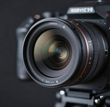 A minimalist, close-up shot of a high-end cinema camera lens. The glass reflects soft studio lighting with subtle gradients of #8C9CA6. The background is a deep, out-of-focus studio interior in #1A1A1A, conveying a professional and sophisticated atmosphere.