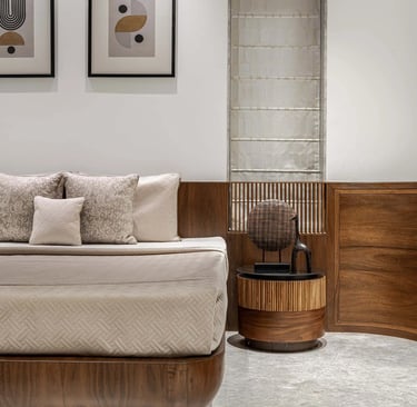 Luxury modular living room furniture with custom wood side tables - Pune interiors Amuk Modular