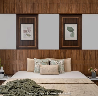 Luxury bedroom interior with wooden wall paneling and modular furniture - Amuk Modular Pune interior