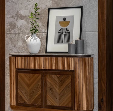 Premium wooden sideboard cabinet with chevron pattern doors - Amuk Modular furniture Pune