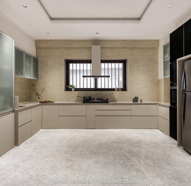 Modern modular kitchen with L-shaped layout and glossy cabinets - Amuk Modular kitchen design Pune