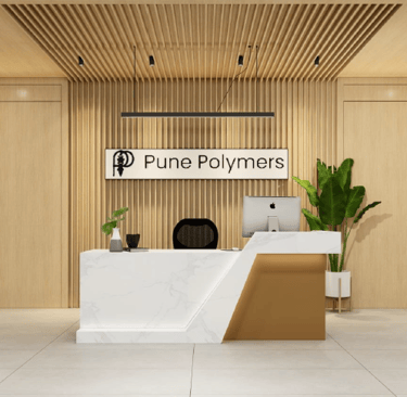 Contemporary reception desk with wooden slat ceiling design - Amuk Modular commercial interior Pune 