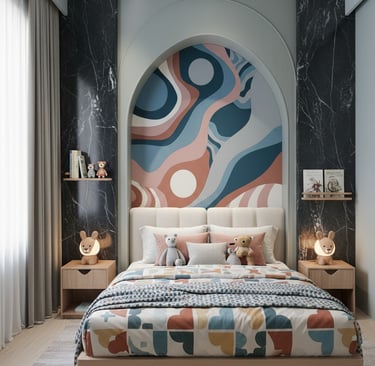Designer bedroom with artistic headboard wall and custom furniture - Amuk Modular bedroom solutions 