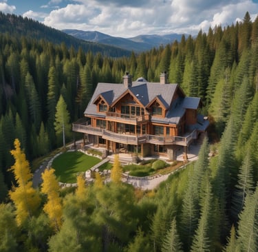 A stunning aerial view of a modern luxury villa surrounded by lush greenery at sunset.