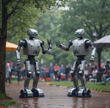 Two robots facing each other, playfully shaking their butts in a dance-off.