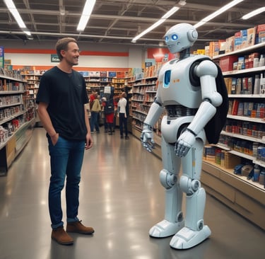 A group of colorful robots doing synchronized butt-shaking moves on a minimalist stage.
