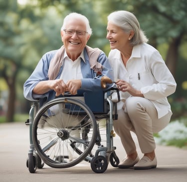 a man and woman in wheelchairs in a park
