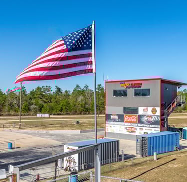 Drone image of grand stand at speedway