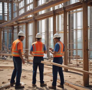 Dynamic Enterprises team collaborating on blueprints at a project site.