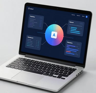 A warm, inviting workspace with deep orange and blue accents, featuring a laptop and a coffee cup.