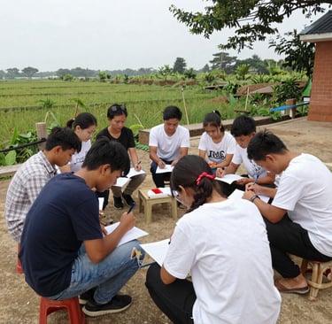 A lively classroom scene where a teacher guides students through a vocational training session.