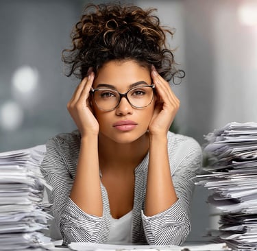 Stressed  office manager sitting at a desk with large stacks of paperwork.