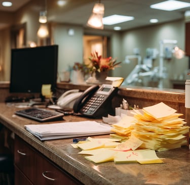 A messy desk with sticky notes