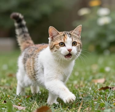 A vocal calico kitten walking through a green grassy garden with its mouth open meowing.