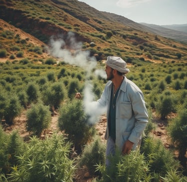 Lush Moroccan cannabis field under a bright blue sky with Atlas Mountains in the background
