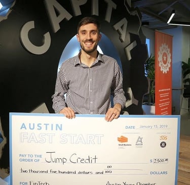Jump Finance founder John William Meyer accepting the Austin Fast Start first prize, Capital Factory