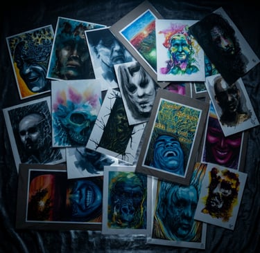A collection of dark, expressive, and macabre art prints, including portraits, Hope is Christ 