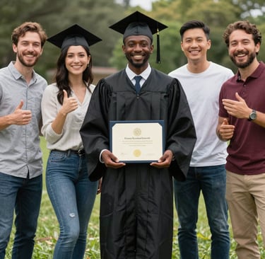 Participants celebrating a graduation event, smiling and holding certificates in navy blue and camel colors.