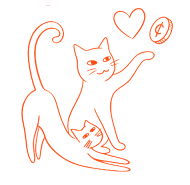 Dibujo lineal en naranja de dos gatos juguetones con un corazón y una moneda sobre un fondo neg