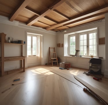 After photo of the living room transformed with fresh paint, new floors, and modern lighting.