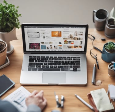 A cozy workspace with a laptop displaying an online tool review on the screen, surrounded by notes and a cup of coffee.