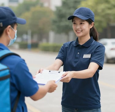 A busy urban intersection with multiple couriers navigating traffic