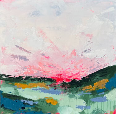 Kate Young abstract painting, size 20x20, pink and green and blue, Guelph artist