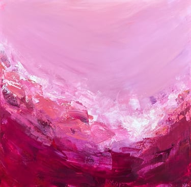 Kate Young abstract painting, size 36x36, pink and white, Guelph artist