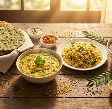 A vibrant flat-lay of colorful millet rotis, steaming kodo khichdi, foxtail upma, and a bowl of ragi
